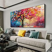 abordables Peintures fleurs/botaniques-Peinture à l&#039;huile d&#039;arbre colorée originale faite à la main sur toile, art mural abstrait de paysage d&#039;arbre pour la décoration intérieure avec cadre tendu sans cadre intérieur