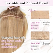 abordables Extensiones sintéticas-Extensiones de cabello con clip, 4 unidades, 24 unidades, ondas playeras largas y gruesas, trama de encaje invisible, rubio medio con reflejos rubios, HE003