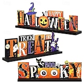 olcso Halloween függő és asztali díszek-3 db halloweeni asztaldekoráció fa asztaldísz táblák - boldog halloweeni csokit vagy csalunk rusztikus fa partidekorációk