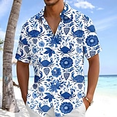 halpa Kukkakuosi-Miesten Kukkapainatus Rapu Trooppiset kukat Havaiji paita Button Up paita Havaijilaispaita Lyhythihainen Paita Sänkyjen avaus Havaijilainen Loma Pyhäpäivä Ranta-asut Sininen Vaalean sininen S M L