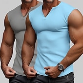 voordelige Sportschool tanktops-Voor heren Wafel Tanktop Singlet Hesje Onderhemd Mouwloos V-hals Zomer Effen Modieus Sportief Klassiek 2-stuks Standaard Straat Casual Sport Geel + blauw White + White Grey+Wit Top T-shirt voor mannen