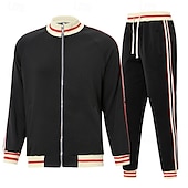 preiswerte T-Shirts-Sets für Männer-Herren T-Shirt Anzüge Hemd- und Hosensets 2-teiliges Outfit Langarm Stehkragen Sommer Streifen Mode Lässig 2 teilig Urlaub Alltagskleidung Ausgehen Schwarz Rote Marineblau Top T-Shirt für Herren