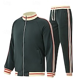 preiswerte T-Shirts-Sets für Männer-Herren T-Shirt Anzüge Hemd- und Hosensets 2-teiliges Outfit Langarm Stehkragen Sommer Streifen Mode Lässig 2 teilig Urlaub Alltagskleidung Ausgehen Schwarz Rote Marineblau Top T-Shirt für Herren
