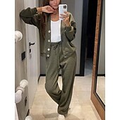 cheap Women&#039;s Blouse Suits-Women&#039;s Fashion Streetwear Daily Pants Sets Long Sleeve V Neck Plain Casual Daily Black Army Green Blue Fall Regular Fit