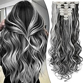 abordables Clip dans les extensions-Extensions de cheveux à clipser 24 pouces 8 pièces mélange noir naturel gris argenté extensions de cheveux synthétiques longs ondulés extensions à clips épais double trame pour femmes