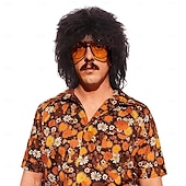 cheap Historical Wigs-Mullet Wig with Bangs 70s Disco Party Mens Hippie Wigs Brown Long Curly Male Wig Halloween Costumes 80s Rocker Wig