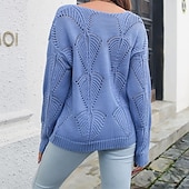 cheap Solid Colors-Women&#039;s Pullover Casual Solid Color Chunky V Neck Knitted Hole Long Sleeve Regular Tops Knit Daily Holiday Going out White Blue Summer Fall