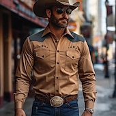 billiga västernskjortor för män-Herr Stjärna Västerländsk skjorta Cowboyskjorta Långärmad Västra Vår Höst Nedvikt Knappen uppåt Brun