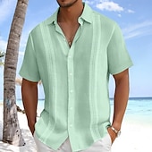 economico Vacanza-Per uomo Camicia di lino Camicia Guayabera Abbigliamento da spiaggia Camicia con Bottoni Testurizzato Vacanza Casuale Bianco Blu Verde Grigio Manica Corta Collo ripiegato Estate Primavera