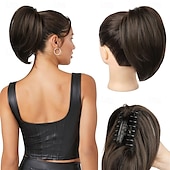 abordables Queue-de-cheval-Extension queue de cheval 10 pièces, postiche queue de cheval courte à clipser, chignon décoiffé, postiche synthétique naturel, doux et raide pour femme - brun foncé avec mèches