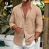 voordelige Vakantie-Voor heren Overhemd Linnen overhemd Zomer overhemd Strand hemd Overhemden zonder broek Effen Buiten Straat Zwart Wit blauw Khaki Lange mouw Strijkijzer Zomer Lente &amp; Herfst Kleding Button-omlaag