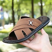 cheap Vacation Sandals-Men&#039;s Tan Faux Leather Slide Sandals Cross-Strap Open-Toe Design with Arch Support Great for Casual Summer Home and Street Style