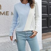 preiswerte Grafische Muster und Details-Damen Pullover Lässig Farbblock Grobstrick Rundhalsausschnitt Gestrickt Langarm Normale Oberteile Stricken Täglich Ferien Ausgehen Rosa Blau Herbst Winter