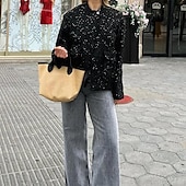 abordables Chaquetas de cuero sintético-Mujer Abrigo de invierno Cómodo Bolsillo Lentejuela Moda Plano Exterior Noche Botonadura Simple Regular Escote Chino Ajuste regular Manga Larga Ropa de calle Negro Dorado Otoño Invierno