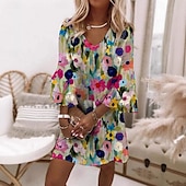 cheap Floral Dress-Women&#039;s Mini Dress A Line Dress Vacation Casual Boho Flare Cuff Sleeve Party Daily Holiday Loose Fit Floral 3/4 Length Sleeve V Neck Multicolor