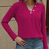 voordelige Effen kleuren-Dames Blouse Effen Modern Casual Lange mouw V-hals Normale tops Dagelijks Uitgaan Knop Zwart blauw Fuchsia Bruin Groen Herfst