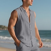 cheap Vacation-Men&#039;s Shirt Linen Shirt Casual Shirt Button Up Shirt Cotton Shirt Plain Vacation Street Black White Yellow Navy Blue Sleeveless Turndown Summer Clothing Apparel Buttons