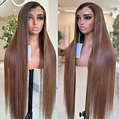 voordelige Pruiken van echt haar, met kanten voorzijde-Braziliaanse remy menselijk haar 5x5 sluiting pruiken 13x4 kant frontale menselijk haar pruik ombre botrecht gekleurde pruik met babyhaar voorgeplukt