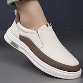 billige Sneakers til herrer-hvite slip-on-sneakers for menn med brune detaljer og komfortabel gummisåle – fritidssko for hverdagsbruk og helgetur