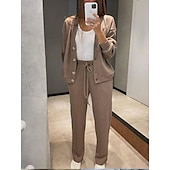cheap Women&#039;s Blouse Suits-Women&#039;s Fashion Streetwear Daily Pants Sets Long Sleeve V Neck Plain Casual Daily Black Army Green Blue Fall Regular Fit
