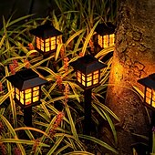 preiswerte Landschaftslichter-6 Stück Solar-Außenleuchte, wasserdicht, kleines Haus, blinkende Flamme, Bodenstecker, Licht für Innenhof, Garten, Weg, Rasen, Terrasse, Halloween, Weihnachtsfest, Atmosphäre, dekoratives Licht,