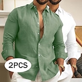 cheap Home-Men&#039;s Linen Shirt Summer Shirt Beach Wear Casual Shirt Button Up Shirt Plain Vacation Daily White+Green Green+Khaki Gray+Khaki Pink+Navy Blue Long Sleeve Lapel Summer Spring Clothing Apparel