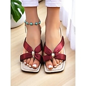 cheap Vacation Sandals-Women&#039;s Burgundy Bowknot Satin Strap Flip-Flop Sandals, Square-Toe, Soft Footbed, Casual Chic Style for Daily Wear, Backyard Party, Picnic or Date Outfits