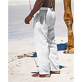 billiga Semester-Herr Linne Byxor Långbyxor Sommarbyxor Strandbyxor Ficka Snörning Elastisk midja Slät Komfort Andningsfunktion Semester Dagligen Helgdag Hawaiisk Boho Svart Vit