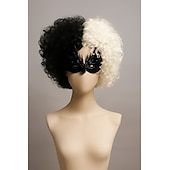 economico Parrucche dei personaggi dei film-101 Dalmata Parrucche Cosplay di Cruella De Vil Parte Centrale per Donne 12 pollici Fibra Resistenti al Calore Riccia Nera e Bianca Parrucca per Adulti e Teen Anime Parrucche di Halloween