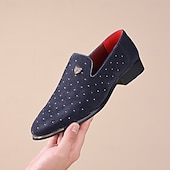 abordables Mocasines-Zapatos sin cordones de ante azul marino para hombre con detalles tachonados y detalles dorados: zapatos sin cordones de lujo para fiestas nocturnas, bodas y reuniones formales.