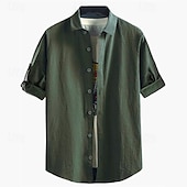 cheap Home-Men&#039;s Shirt Linen Shirt Casual Shirt Button Up Shirt Cotton Shirt Plain Vacation Hawaiian White Navy Blue Army Green Dark Gray 3/4 Length Sleeve Lapel Summer Spring Clothing Apparel