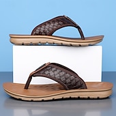 billige Ferietøfler-herrebrune flip-flops i kunstskinn med vevd mønsterrem, myk EVA-såle, komfortabel for feriested og hverdagslige sommerantrekk