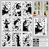 preiswerte Halloween Aufkleber-9 Bögen Halloween-Fensteraufkleber, doppelseitig, Sensenmann, Hexe, Fledermaus, Spinnennetz-Silhouette, statische Aufkleber für Glas, Fenster, Wand, Party-Dekor