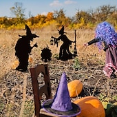 economico Halloween-Decorazioni da giardino in metallo con streghe di Halloween festive, 3 streghe spettrali per decorazioni da esterno - picchetti da giardinaggio senza batteria, decorazioni da giardino in metallo