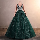 preiswerte Abendkleider-Ballkleid Abendkleid Elegantes Kleid Formale Promenade knöchellang ärmellos V-Ausschnitt Tüll mit Glitzer Pailletten