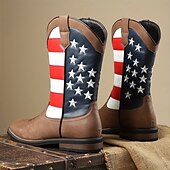 cheap Cowboy &amp; Western Boots-Men’s Brown Faux Leather Western Boots with American Flag Design – Durable Leather Boots for Outdoor Adventures, Country Events and Patriotic Celebrations