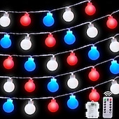 cheap Battery String Lights-1 Pc 33FT-100 LED Patriotic String Lights July 4th Independence Day Red Blue White Ball Decorative LED String Patriotic Gathering Party Atmosphere 8 Function Remote Control Waterproof Battery Box