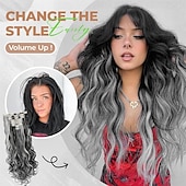 abordables Clip dans les extensions-Extensions de cheveux à clipser 24 pouces 8 pièces mélange noir naturel gris argenté extensions de cheveux synthétiques longs ondulés extensions à clips épais double trame pour femmes