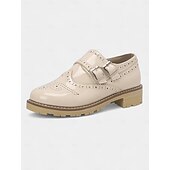 abordables Années 1950-Chaussures richelieu en cuir verni crème pour femme – Chaussures plates vintage à double boucle pour un usage quotidien ou des tenues d&#039;inspiration rétro