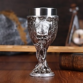 economico Halloween Cucina-calice da vino in resina a forma di teschio di Halloween &amp;Bicchiere con stelo in acciaio inossidabile con teschio, design unico del teschio in 3D per bar, feste e bicchieri decorativi