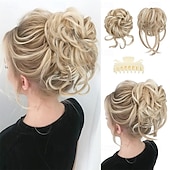 abordables Chignons-Lot de 2 postiches synthétiques ondulées et bouclées pour chignons, avec pinces détachables, faux chouchous, extension de queue de cheval, blond ensoleillé