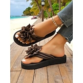 olcso Nyári szandálok-női bézs virágmintás flip-flop papucs párnázott talppal, hétköznapi strandszandál nyári vakációhoz és medence melletti kikapcsolódáshoz