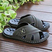 cheap Vacation Sandals-Men&#039;s Tan Faux Leather Slide Sandals Cross-Strap Open-Toe Design with Arch Support Great for Casual Summer Home and Street Style