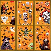 abordables Autocollants d&#039;Halloween-Lot de 6 feuilles d&#039;autocollants décoratifs pour fenêtre d&#039;Halloween, double face, motif squelette, sorcière, chauve-souris, citrouille, araignée, faucheuse, statiques, pour décoration murale en verre