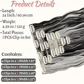 abordables Clip dans les extensions-Extensions de cheveux à clipser 24 pouces 8 pièces mélange noir naturel gris argenté extensions de cheveux synthétiques longs ondulés extensions à clips épais double trame pour femmes
