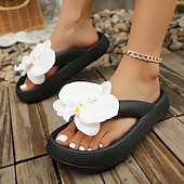 billiga Inneskor och flip-flops till damer-kvinnors blommiga flip-flop-sandaler, söta 3D-blommiga platåtofflor för stranden, mjuka sommarsandaler i skumgummi för semester och vardagskläder