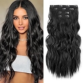 abordables Extensiones sintéticas-Extensiones de cabello con clip, 4 unidades, 24 unidades, ondas playeras largas y gruesas, trama de encaje invisible, rubio medio con reflejos rubios, HE003