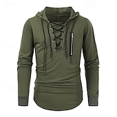 preiswerte Basic-T-Shirts-Herren T Shirt T-Shirt Langarmshirt Langarm Mit Kapuze Frühling Herbst Einfach Mode Designer Basic Schnürung Reißverschluss Urlaub Straße Ausgehen Schwarz Blau Braun Top T-Shirt für Herren