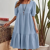abordables concevoir des robes en coton et lin-Femmes Mini Robe Robe Décontractée Classique Moderne Extérieur Vacances Fête Coupe régulière Uni Manche Courte Col carré Vert foncé Beige Bleu clair Été