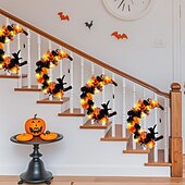 baratos Guirlandas de Halloween e Decorações Florais-guirlanda de lua curva de halloween com gato preto, cabide de porta de lua crescente laranja e preta, guirlanda de porta da frente para decoração de varanda de quintal ao ar livre de halloween